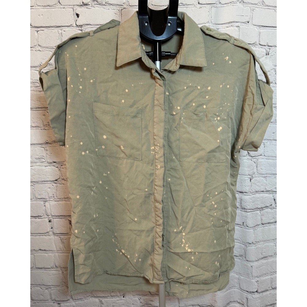 White Birch Womens Olive Green Bleached Utility Shirt Short Sleeve Small